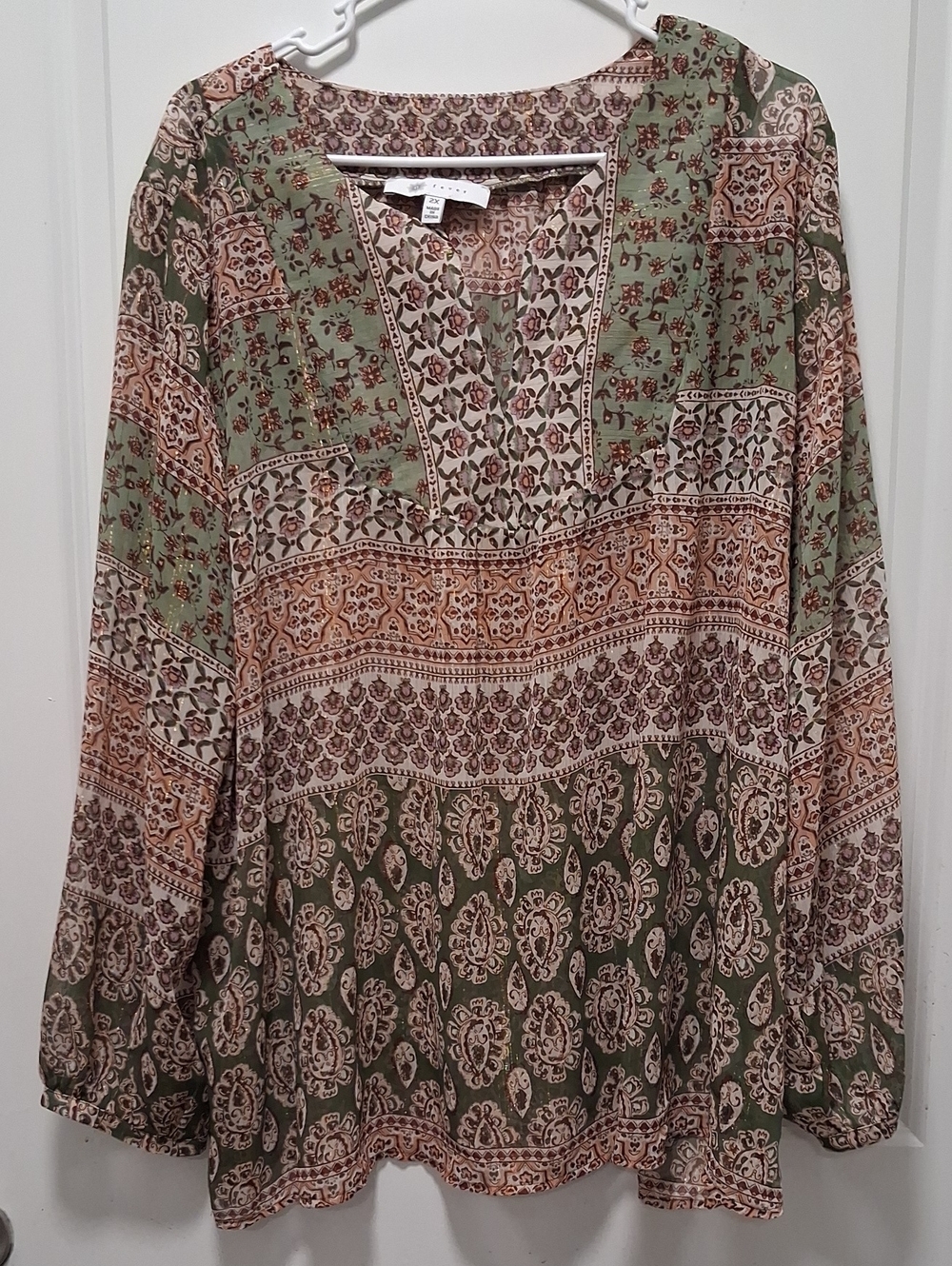 Fever Paisley Patchwork V-Neck Tunic in Sage and Tan